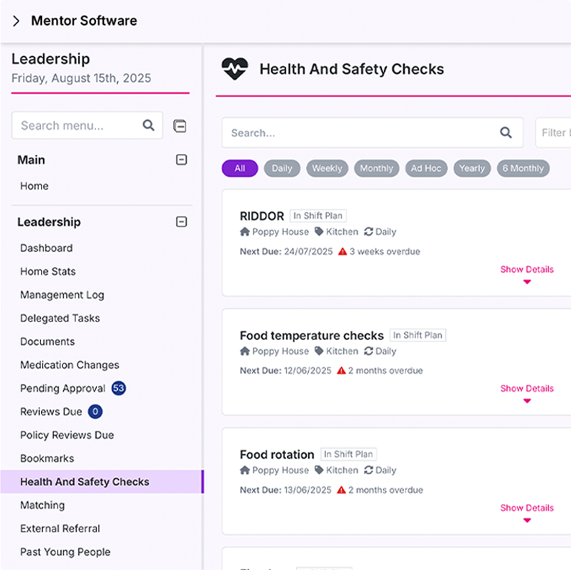 Compliance management, health and safety image showing Mentor's health and safety checks feature