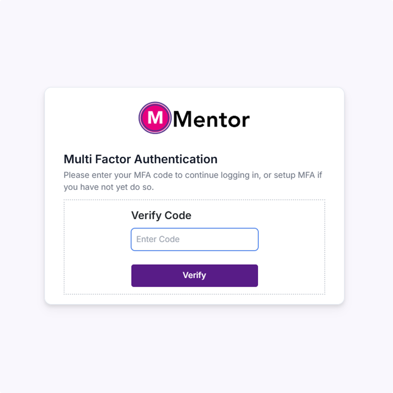 MFA Setting Screenshot showing Mentor's Multi Factor Authentication form